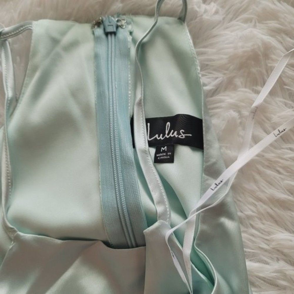 Lulus Mint Blue Satin Tiered Asymmetrical Midi Dress - Picture 11 of 14